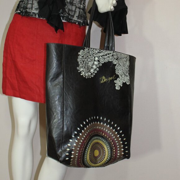 Desigual Chocolate Vegan Leather tote lined bag with Logo 16" x 17" w x 5" - Picture 1 of 8